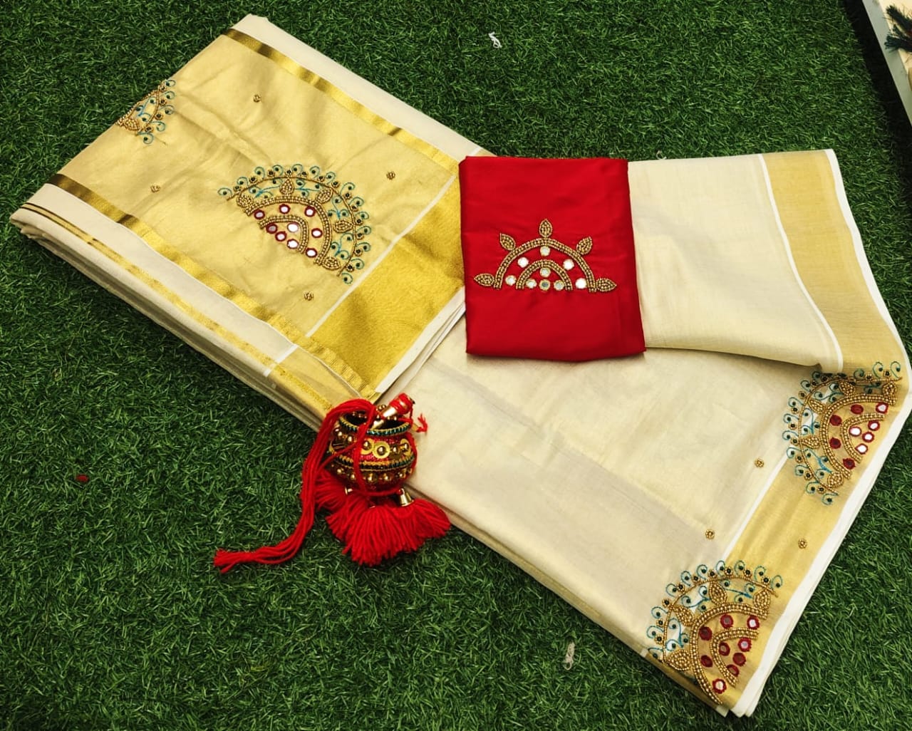 Tissue Checked Handwork Saree