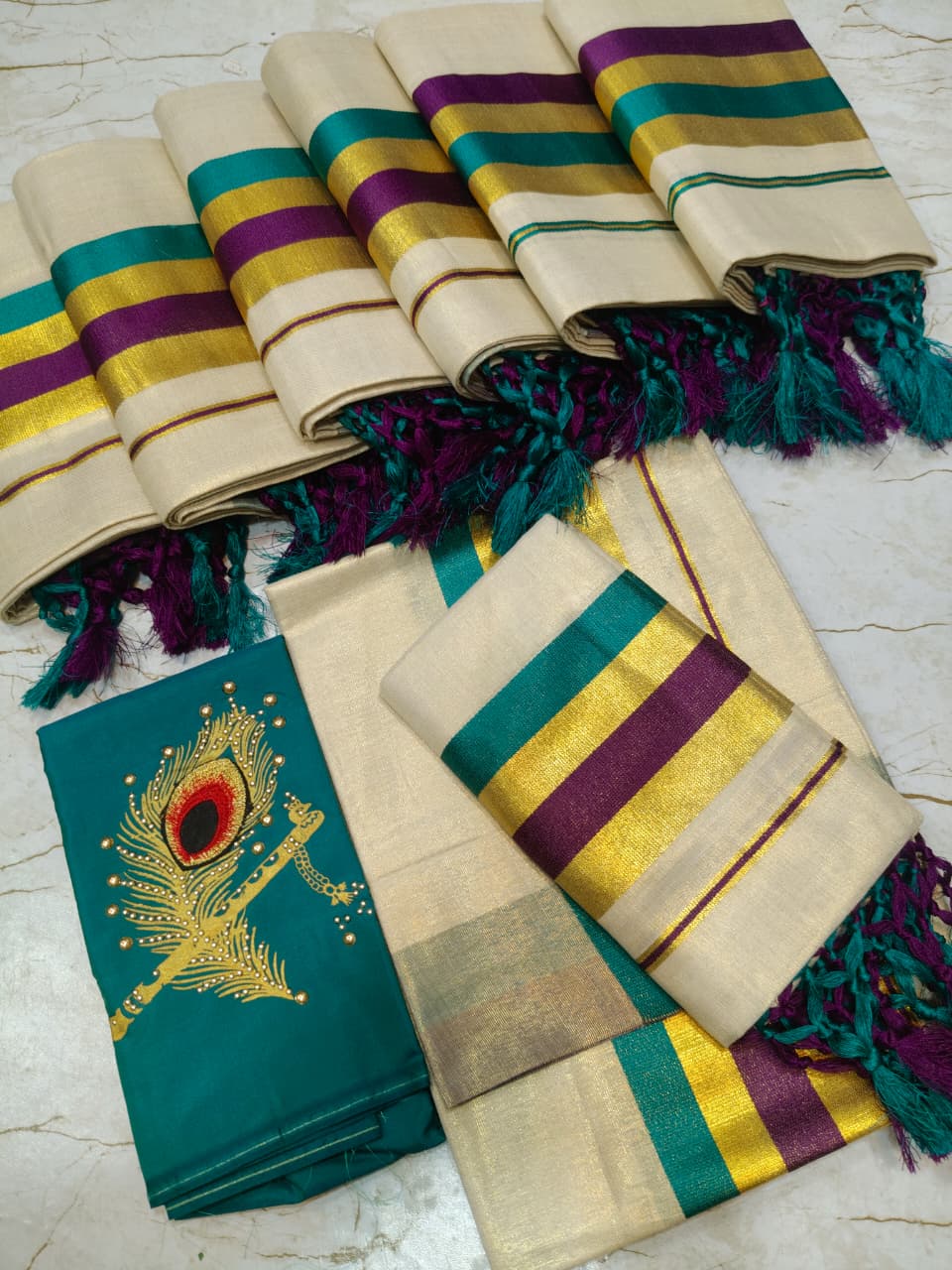 Special Golden Tissue Kunjalam Double Colout Set Mund Print Set Mund