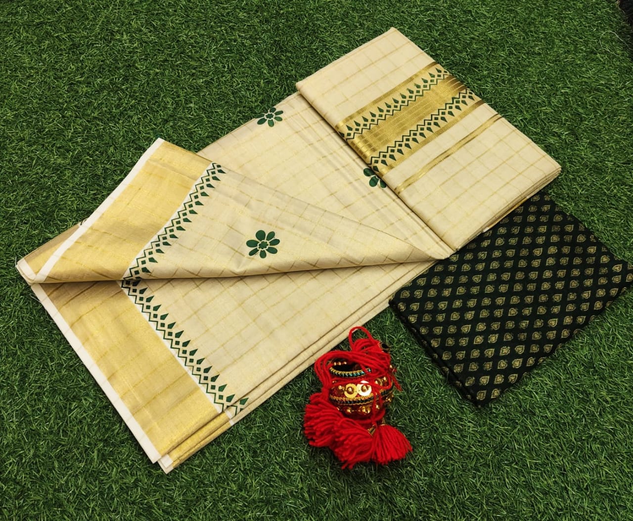 Tissue Checked Saree With  Print