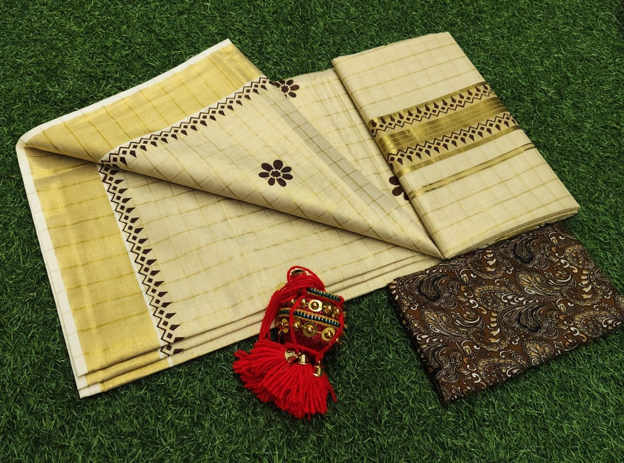 Tissue Checked Saree With  Print